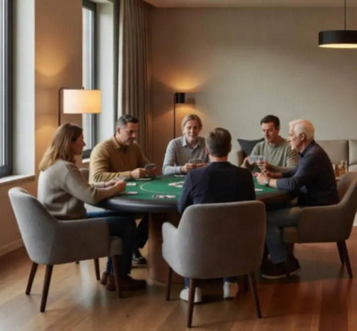 Groupe d'amis autour d'une table de poker dans un salon moderne et chaleureux