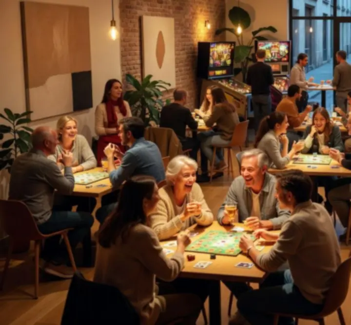 Salle de jeux conviviale avec groupes en pleine partie dans un espace moderne.