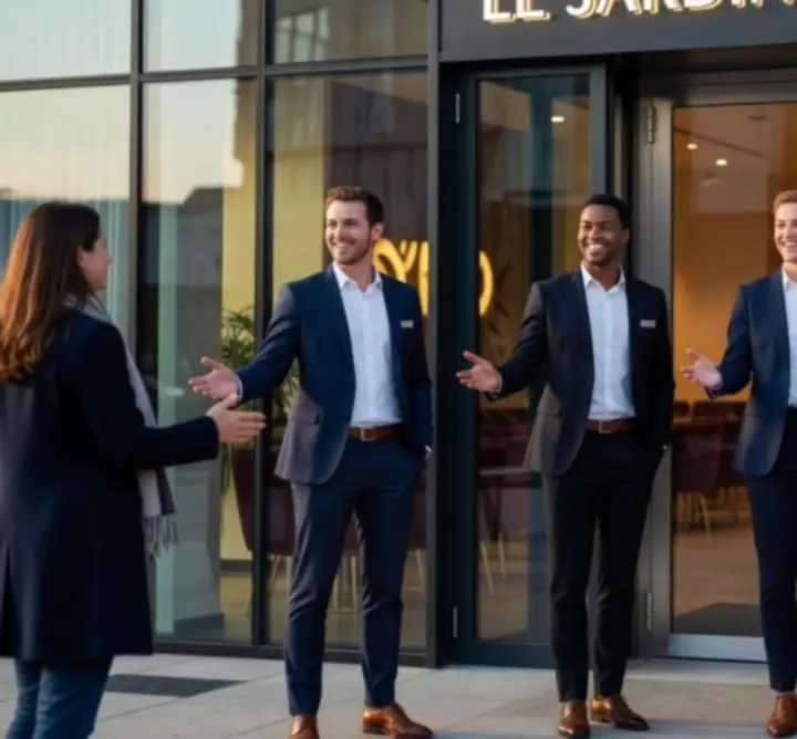 Équipe d'accueil souriante prête à guider les visiteurs à leur arrivée.