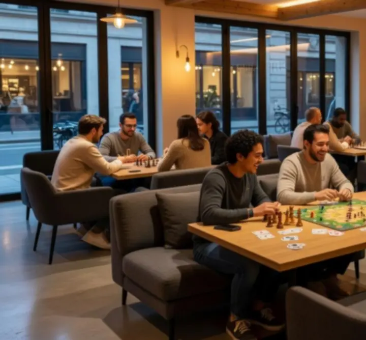 Espace intérieur moderne avec tables de jeux et ambiance lumineuse
