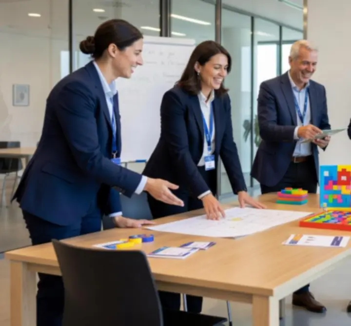 Équipe organisant un événement ludique dans un espace moderne
