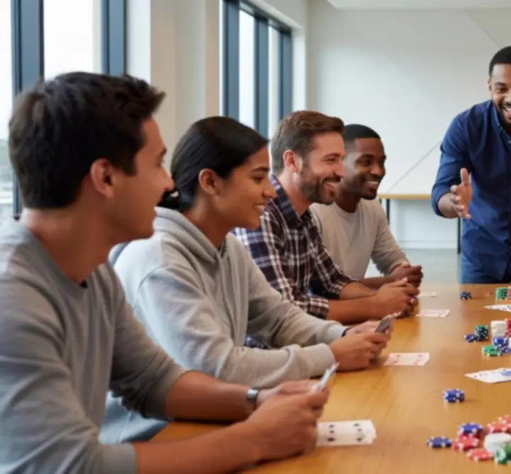 Vue d'ensemble d'une soirée jeux avec plusieurs tables en activité.