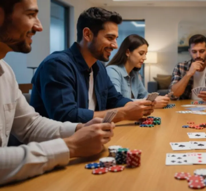 Table de poker amateur avec amis souriants jouant sans enjeux d'argent réel.