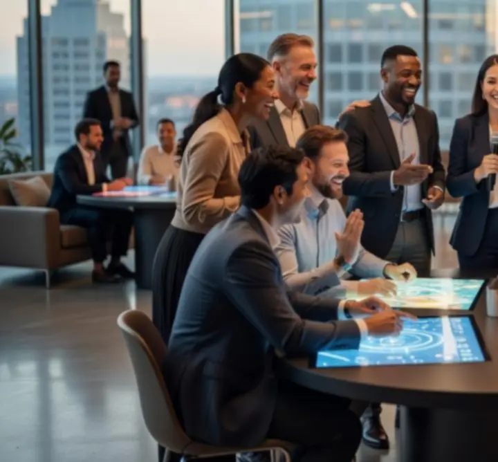 Équipe d'entreprise réunie autour d'une table de jeux durant un team building.