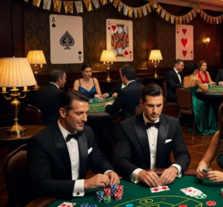 Soirée thématique façon casino avec décor lumineux et tables de jeux.