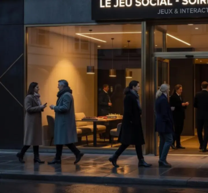 Vue extérieure du lieu en soirée avec ambiance lumineuse moderne