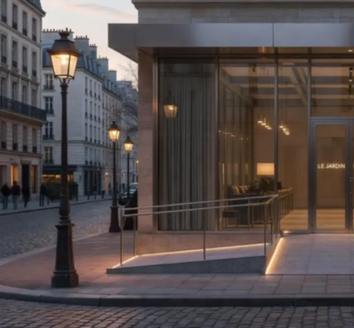Façade de ARBOR-ZA Zofia Kubica en soirée, dans un quartier animé de Paris